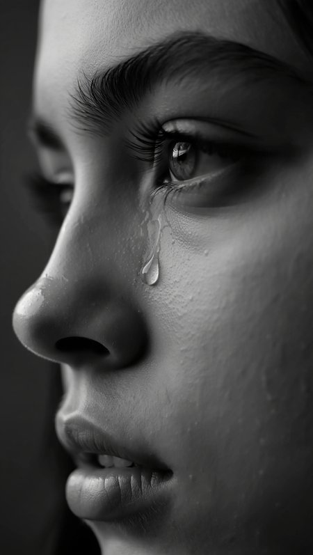 A black and white extreme close-up portrait photograph captures a single teardrop rolling down the right side of a young adult's face. The right eye shows intense detail with long eyelashes, and full lips are slightly parted. Side lighting creates stark light and shadow contrasts across the facial features. The shallow depth of field isolates the subject against a dark, blurred background. The monochromatic treatment reveals fine details of skin texture and moisture on the face. Black and white macro photography with dramatic side lighting and shallow depth of field.