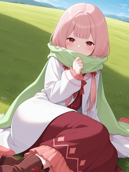 <lora:Carmilla Illu:1>1girl, solo,
carm1lla, pink hair, red eyes, long hair, low twintails, blunt bangs, fringe trim
c4rmdef, long green scarf, white coat, red dress, dress under coat, long sleeves, red bows, brown footwear, 
sitting, on side, blush, 
outdoors, grass, blue sky, 
straight-on,, masterpiece, best quality, amazing quality