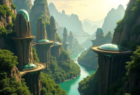 a breathtaking aerial view of a futuristic eco-city seamlessly integrated into a lush, mountainous landscape. The city features tall, elegant towers with glowing green energy cores and domed glass rooftops, rising gracefully from cliffs and surrounded by dense forest. Elevated walkways and suspended bridges connect the structures across steep ravines and over a winding emerald river. The architecture blends high-tech elements with organic curves, giving the impression of an advanced, harmonious civilization. Towering rock formations and distant mountain ranges stretch into the background, bathed in soft golden light. The entire scene is vibrant, otherworldly, and peaceful, captured in a bright, atmospheric daylight with subtle lens flares and deep depth of field.