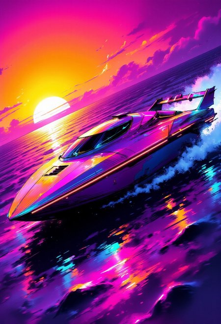 ck-rw, in the style of ck-rw, inksketch image of vibrantly-coloured, highly advanced speedboat moving rapidly over the ocean.  The hull is a flat wedge-shape with a square front, the cockpit shows glowing led lights, and has a large air intake, the background is a neon-hued, surreal sunset