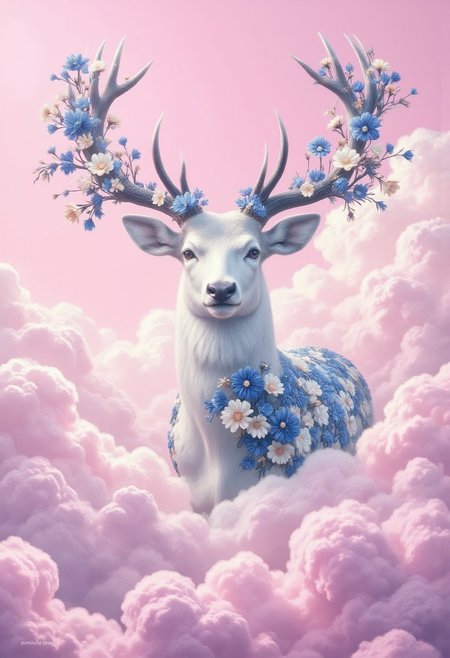 Ultra-realistic photo of a majestic white stag with skin made of blue and white flowers, floating in pink clouds. Ultra details, simple, surreal scene with soft lighting. 16K, shot taken on Kodak Portra, detail clouds, colors splash, flowers