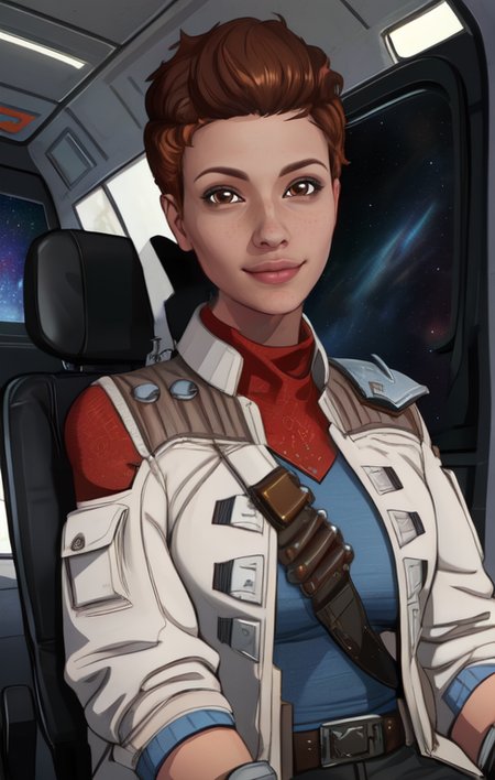 ellie, brown eyes, brown hair, short hair,  looking at viewer,  smile, 
upper body,  sitting,  
white jacket, belt,  gloves, single shoulder pad, shirt,  
space ship, indoors, 
(insanely detailed, beautiful detailed face,beautiful detailed eyes, masterpiece, best quality),
 <lora:ellie:0.8>