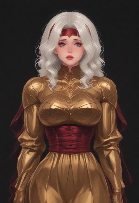 (score_9, score_8_up, score_7_up), source_anime, anime, female (dark red skin) white hair, burgundy eye color, black eye sclera, layered clothing, waist-high, black background, woman, forehead, headband  (big breasts:1.2) (golden armor:1.1) (muscular body:1.8) white tight skin (fleshy lips:1.5) (thin waist:1.5).