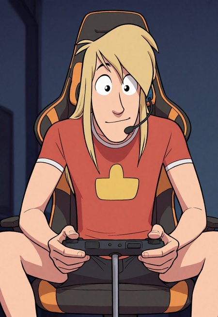 masterpiece, best quality, amazing quality, detailed background, intricate details, dynamic, cinematic, animated, anime realistic shading, solo, male focus, 1boy, handsome, robbi3, le3, blonde hair, long hair, black eyes, red shirt, black shorts, male focus, sitting, gamer chair, headset, joystick, holding, bedroom background, dutch angle