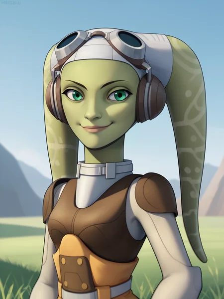 score_9, score_8_up, score_7_up, score_6_up, score_5_up, score_4_up, BREAK, source_anime,
1girl, herasyndulla, tentacle hair, twintails, green eyes, alien, green skin,
goggles on head, bodysuit,
smug, smile, upper body, looking at viewer, solo, outdoors, grass, blue sky, meadow background   <lora:HeraSyndullaXL:1>