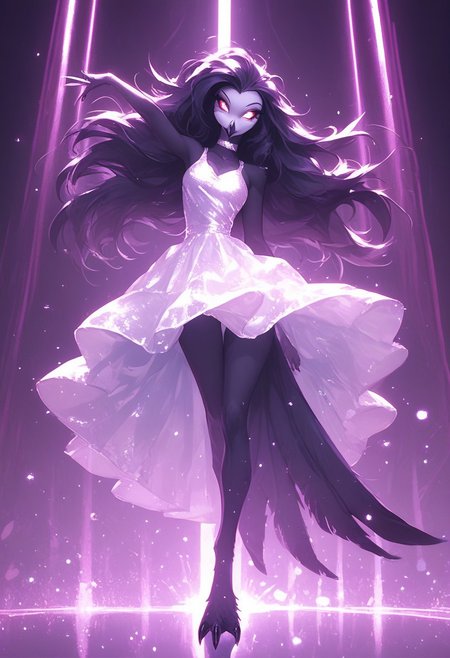 score_9, score_8_up, score_7_up, score_6_up, 1girl, solo, octavia, octavia, avian bird demon owl owl_demon, beak, red sclera, from hellova boss, anthro furry, long hair, nightclub outfit, tight white dress, perfect face, perfecteyes, sexy, sexy girl, beautiful eyes,  dancing, dynamic angle, full body shot, red eyes, glowing eyes, pop star, , neon lights, glowing lights