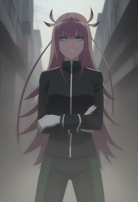 <lora:SlimesKanonIsui:1>, slimes_kanonisui, woman, solo, green eyes, alley background, evil smirk