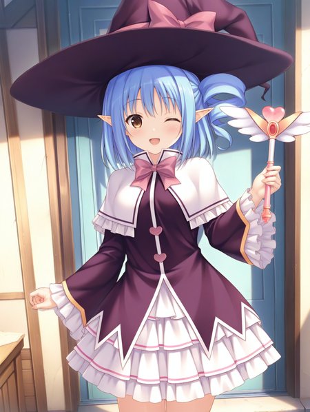 masterpiece,best quality,amazing quality,very aesthetic,absurdres,newest,scenery,<lora:Aria Aliialia_ilxl_v1-000010:0.8>,1girl,solo,blue hair,pointy ears,smile,standing,capelet,hat,holding wand,one eye closed,blush,open mouth,ribbon,bow,brown eyes,drill hair,aria aliialia,looking at viewer,witch,