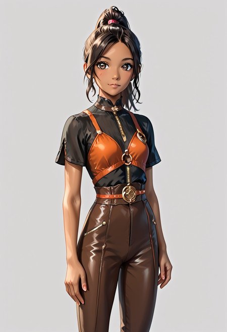 1girl, Masterpiece, 8k, ultra high detail, score_7 up, 
volumetric lighting, vivid colors, vibrant colors,  score_8_up, score_9,  small breast size, sporty black ponytail hair,  fcNeg, stunning dark eyes,   tan skin, small nose, innocent beauty, slim face,  cute face, athletic body, perfect sporty body, extreme detailed body, intence dark eyes,  perfect face, ultra high detailed face, perfect eyes, petite, 
As fantasy ranger, in mystic woods, fantasy, brown leather trousers, dark leather boots, brown leather top, a bow on her back, 
BadDream, d3t41l3d, archerRo, faulds, short sleeves,