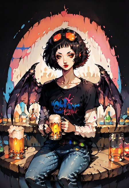 score_9, score_8_up, score_7_up, BREAK, 
1girl, solo, Highly detailed, d4rkpurp, ohyaP5, short hair, bob cut, sunglasses on head, lipstick, black t-shirt, clothes writing, layered sleeves, jeans, w1ngs, (demon wings), atmospheric, dark, ddpapa, concept paint, abstract art, 
At a bar, sitting on barstool, beer in hand,