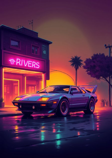 <lora:ck-Neon-Retrowave:1>, ck-nw,  in the style of ck-nw, a DMC-12 car parked in front of a hotel at sundown
