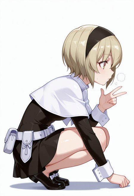 Smooth Quality,masterpiece,very intricate, high quality details, ultra realistic, high detailed skin,detailed enviorement,absurdres,
w,
 <lora:Pekora_CNR:0.8>
pekora_cnr, 1girl, blonde hair, short hair, bangs, yellow eyes, multicolored eyes, shiny hair black hairband,
pekora_def_cnr, black dress, white capelet, black skirt,white belt, long sleeves, shoes, pouch,, simple background, white background, from side,solo,, in heat,