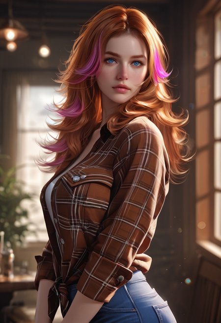 score_9, score_8_up, score_7_up, realistic, raw lighting, detailed, (warm colors, bokeh), score_9, score_8_up, score_7_up, realistic, raw lighting, detailed, (warm colors, bokeh), 18 year old, 
(ginger hair with pink highlights wavy hair) (blue_eyes),mcvalensia, ((standing in mountain valley)) Daisy duke shorts, open flannel shirt, brown suede cowboy boots, looking at viewer