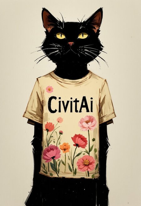 Oil painting by Frank Frazetta. An antrophomorphic black cat wearing a tshirt that says "CivitAi" in pastel flowery motif