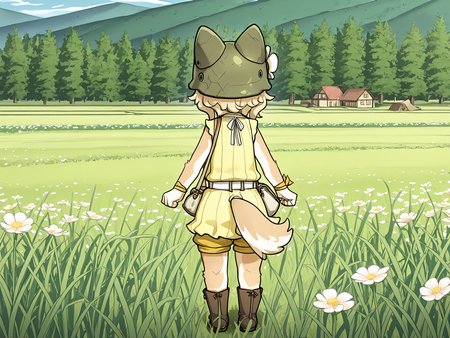 BREAK, <lora:Chick_Montblanc_Illustrious_V1:1>, Chick Montblanc, Fuga: Melodies of Steel, kemono, furry female, 1girl, dog girl, beige fur, white fur, multicolored fur, yellow eyes, blonde hair, short hair, animal ears, dog ears, dog tail, Fuga 2 Appearance, long hair,
BREAK, Fuga 2 Outfit, brown boots, yellow shorts, yellow dress, sleeveless, white ribbon, white belt, handbag, yellow neckerchief, wrist ribbon, helmet, flower on helmet,
BREAK, solo, full body, outside, rear view, meadow, grass, trees, village, standing