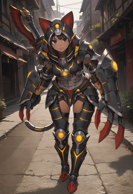 (score_9:0.9),score_8_up,score_7_up,rating_safe,anime style,(zPDXL),<lora:Almudron armor ponyXL v1:0.73>, 1girl, black mechanical cat tail, black cat hood, solo, dark-skinned female, huge weapon, black eyes, brown hair, full body, looking at viewer, holding weapon, black hair, closed mouth, almudron armor, bend over, full armor, black thigh armor, black knee boots, black claw gauntlets