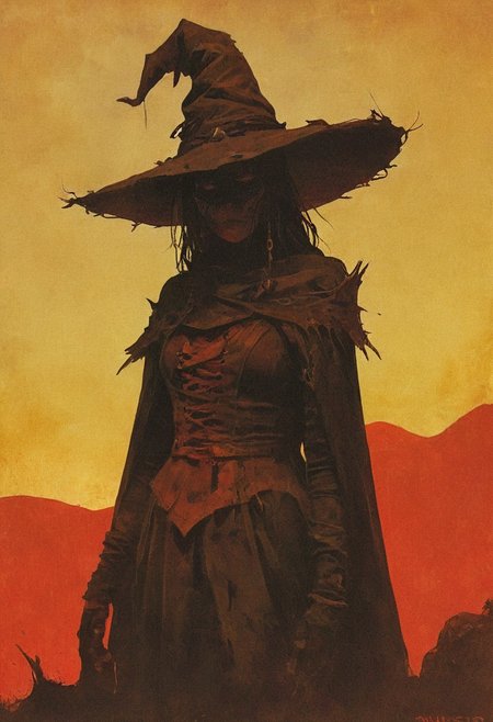 The Witch Smeller, perched atop a hill at dusk, scans the horizon for signs of witchcraft. The setting sun casts her imposing shadow far and wide, the silhouette of her hat and mask iconic against the fading light. Her lips, painted a fierce red, whisper incantations for protection., 
in the style of the decaying empire of Würstreich, dark magic and grotesque creatures abound, inspired by Sean Aaberg's punk aesthetic, dark fantasy world combines grim landscapes with vibrant, exaggerated colorful art, heroes skirmish monstrous foes in a setting where rebellion, decay, and mysticism intertwine, crafting a unique, immersive vibe
, the scene is captured in dimly lit dark fantasy but vibrant colors, with bold ink lines defining form against the watercolor wash of the aged paper