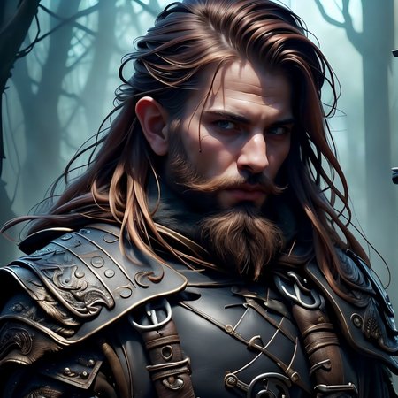 (masterpiece:1.2), (best quality,:1.2), 8k, HDR, ultra detailed, ((photorealistic)), perfect anatomy, professional light, cinematic lighting, ambient lighting, <lora:detail_slider_v4:1>, epic medieval fantasy, a (male) criminal, (beard), FaRo, <lora:FantasyRogues-10:1>, black leatherarmor, belt, cloak, in a dark forest, FaFo, <lora:FantasyForest-10:0.5>,  <lora:zoom_slider_v1:1>, <lora:fantasyAI:0.4> tanjoreai, in the style of Tolkien, Middle Earth, epiCPhoto