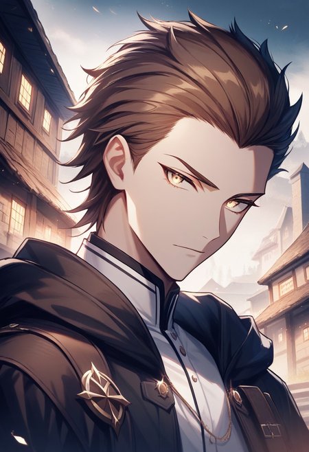(best quality, masterpiece), 1 boy,18 years old, medieval village, dark mood, Arrogant,
brown hair, faux hawk, no bangs, blue and white color student uniform
 , looking at viewer, Unobtrusive golden eyes, Dull golden eyes,