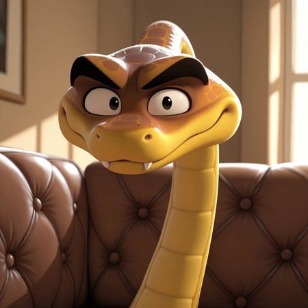 uncensored, masterpiece, best quality, highly detailed, realistic, 1boy, solo, MRSK, ffurry, feral, scalie, snake, black eyebrows, black eyes, brown body, brown scales, yellow body, yellow scales, two tone body, two tone scales, upper body, sitting, smile, closed mouth, fangs looking at viewer, indoors, living room, brown leather couch, on couch, detailed background, long body, dutch angle