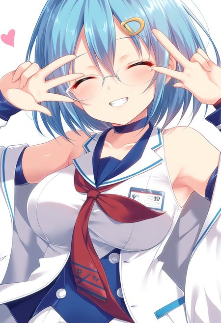 score_9, score_8_up, score_7_up, source_anime, (nsfw:1.0), BREAK, 
mitsumomo style, 
1girl, solo, nico, /(dead or alive)/, (large breasts), blue hair, hair ornament, green eyes, glasses, 
choker, white shirt, collarbone, turtleneck, detached sleeves, bare shoulders, sleeveless, labcoat, 
smile, closed eyes, teeth, 
v sign, hands near by own face, 
angle:random, (face shot), (close up face), 
graduation background, (heart),
