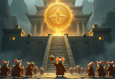 A dramatic, ancient stone temple stands high on a mountaintop, shrouded in mist. At the top of a long staircase, a massive golden buzz coin hovers above a sacred altar, crackling with electric energy.
A group of tiny mice dressed as monks have gathered, performing a mysterious ritual. One mouse, standing at the front, is dramatically lifting a single peanut toward the altar as if making an offering. The other mice watch in absolute suspense.
In the background, an enormous cat looms behind the temple entrance, peeking in with hungry eyes—clearly not here for the buzz.