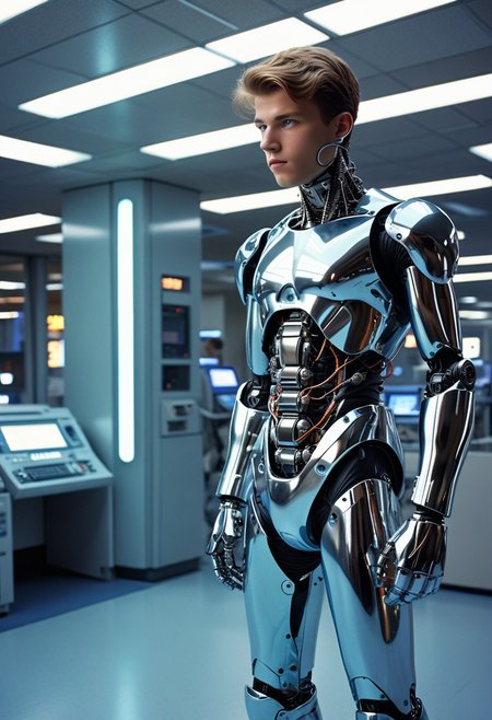 (cinematic retro futuristic photo, 21yo man, NASAPUNK, Analog-Futurism, Spooky:1.3), IBM, (Chrome ABS:1.3), Sony, Blinkenlights, 1989, Dresden Advanced Technology Centre, DARPA, CIA Robotics Science Lab, <lora:sdxl_lightning_8step_lora:1>
