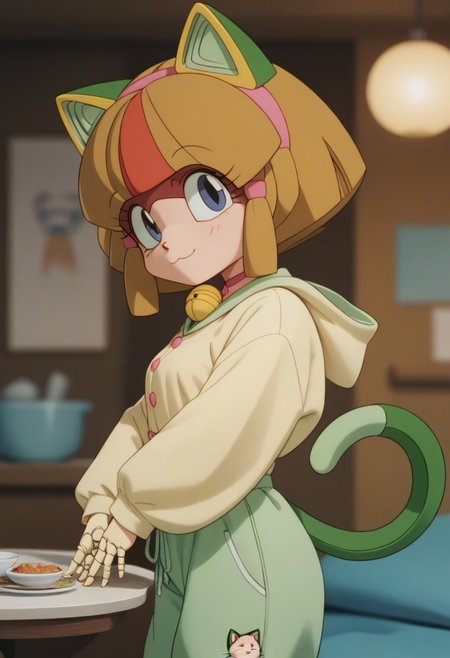 1girl, solo, (Otama, cat girl, ((android)), doll joints, petite), score_9, score_8_up, score_7_up, score_6_up, score_5_up, score_4_up, chibi, short legs, cat tall, looking at viewer, 3/4 side view, slightly smil, medium breasts, thin waist, smile, blue eyes, blurry background, out of focus, Expressiveh, looks at the viewer, jyojifuku, pajamas, baggy pajama pants,