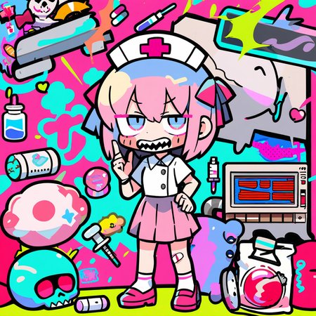 masterpiece, best quality,  <lora:style42-xl-a3.1:1>,1girl, solo, pink hair, hat, skirt, blue eyes, sharp teeth, teeth, pink skirt, open mouth, nurse cap, chibi, syringe, full body, looking at viewer, pleated skirt, standing, nurse, skull, shirt, white shirt, short sleeves, pill, shoes, hair between eyes, bangs, socks, pink footwear, hand on hip, smile, v-shaped eyebrows, bandaid, signature, bone, :d, blush stickers, ribbon, hair ornament, short hair, cross, hair ribbon, holding, jewelry, blush, tongue, heart, white headwear