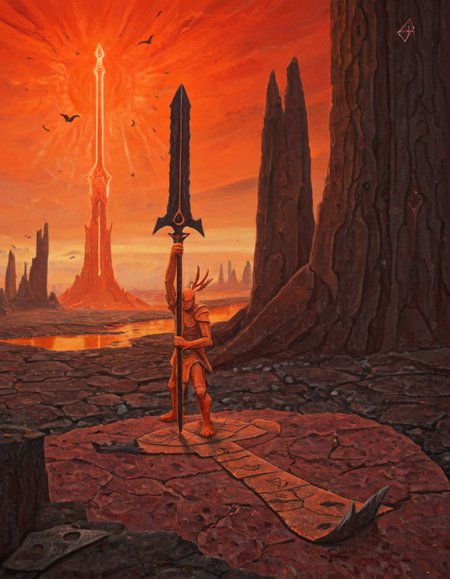 wynbrlwsty, A surreal fantasy painting of an otherworldly humanoid figure with bird-like feet standing on a rocky landscape, holding a large, curved sword. In the background, there's a tall, dark tower with glowing symbols and strange floating rock formations. The sky is filled with orange and red hues, suggesting a fiery or sunset-like atmosphere