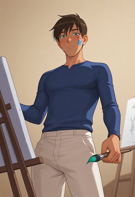 embedding:Illustrious\Positive\IllusP0s, embedding:Illustrious\Positive\IllustriousQual, 1boy, david_ts!, green eyes, tanned skin, slim body, male focus, solo, blue long sleeves shirt, white trousers, painting, drawing, focusing on the canvas, canvas (objects), face stained by color paint, painting, brushes, artistic, from below, best quality, high resolution, masterpiece.