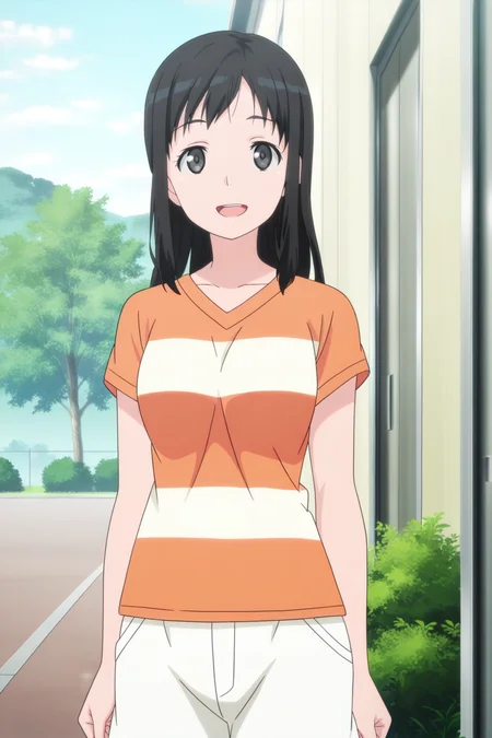 anime screenshot, touno kyouko, 1girl, solo, black hair, long hair, black eyes, medium breasts, orange shirt, striped shirt, t-shirt, short sleeves, white shorts, looking at viewer, smile, open mouth, cowboy shot, outdoors, masterpiece, best quality, high quality, highres, absurdres, <lora:touno_kyouko_ILXL:0.9>