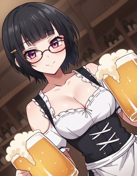 score_9, score_8_up, score_7_up, source_anime, <lora:souna-sitri-s1-ponyxl-lora-nochekaiser:1>, souna sitri, short hair, black hair, hair ornament, glasses, hairclip, bangs, blunt bangs, purple eyes, medium breasts, <lora:dirndl-ponyxl-lora-nochekaiser:1>, dirndl, german clothes, beer mug, collarbone, cleavage, beer, underbust, waist apron,, indoors, bar, smile, blush,, , cowboy shot, dutch angle,