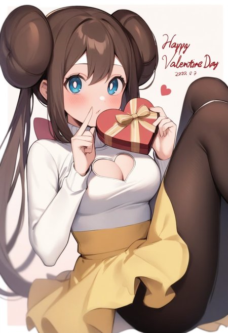 masterpiece,best quality,very aesthetic,absurdres,<lora:rosa_(pokemon):1>,rosa_\(pokemon\), sidelocks, turtleneck_sweater, gift_box, heart_cutout, yellow_skirt, dated, blush, 1girl, solo, heart-shaped_box, adapted_costume, white_pupils, index_finger_raised, pantyhose, white_sweater, cleavage_cutout, happy_valentine, commentary_request, hands_up, bad_twitter_id, double_bun, bad_id, long_sleeves, holding_gift