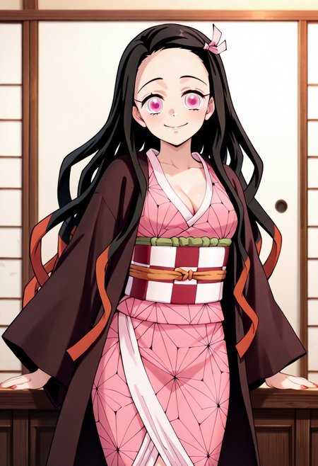 Kamado_Nezuko, pink kimono, red and with obi, happy, looking at the viewer, medium breasts, cleavage