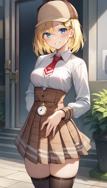 score_9,score_8_up,score_7_up,score_6_up BREAK official art,solo,outdoors,upper body,(portrait:1.5),looking at viewer,facing viewer,smile,blush,Watson Amelia,detective,brown headwear,blonde hair,medium hair,bob cut,monocle hair ornament,hair between eyes,parted bangs,blue eyes,collarbone,brown capelet,red necktie,short necktie,white shirt,collared shirt,medium breasts,skindentation,long sleeves,pocket watch,high-waist skirt,brown skirt,pleated skirt,plaid skirt,zettai ryouiki,thighs,black thighhighs,loafers,<lora:Watson Amelia(vtb)-Pony:1.4>,