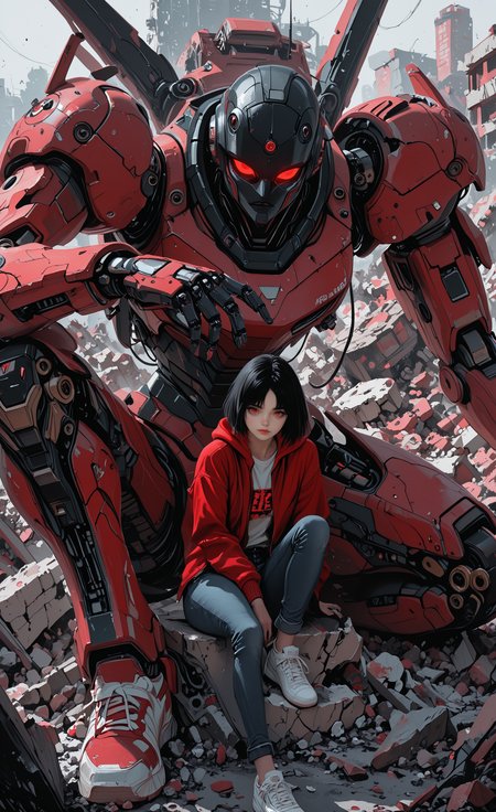 1girl, looking at viewer, short hair, shirt, black hair, long sleeves, red eyes, sitting, jacket, shoes, pants, hood, white footwear, denim, robot, sneakers, red jacket, mecha, science fiction, knee up, rubble
