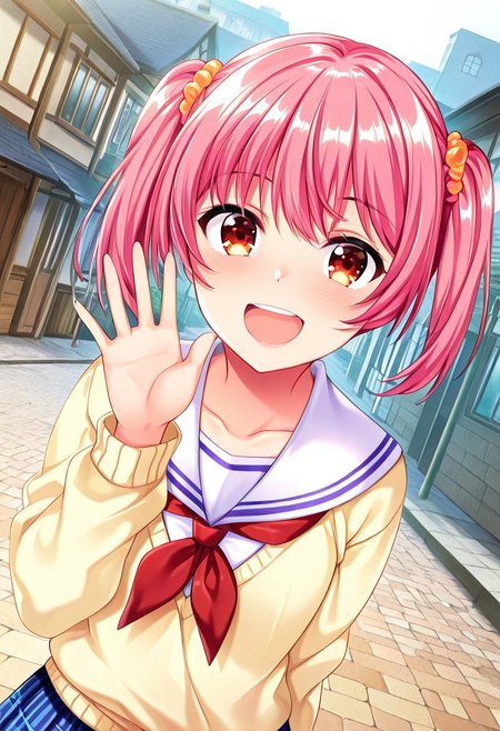 general,highres, ultra-detailed,very aesthetic,best quality ,best hands,best eyes,easynegative,
dynamic anglre, dutch angle, anime cloring,
1girl solo,looking at viewer,town,outdoors,smile,open mouth,waving hand,
Rino Tokitou,pink hair,twintails,amber eyes,school uniform,