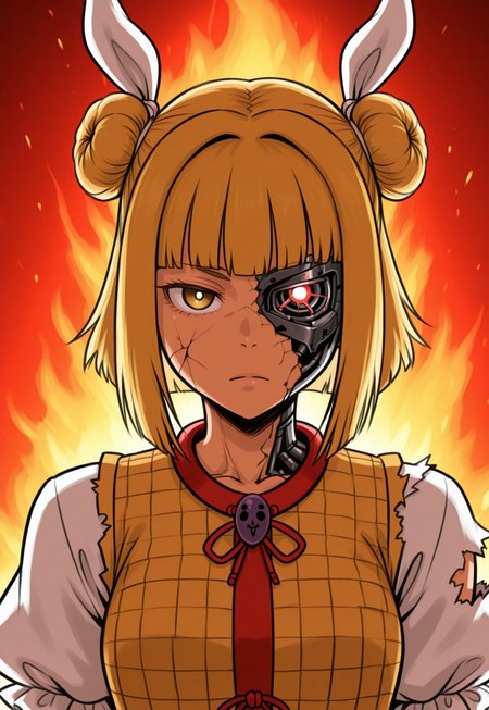 masterpiece, best quality, aesthetic, colorful, <lora:DittoHead7-8:1>, BREAK, half_cyborg_face, (Joutouguu Mayumi), 1girl, looking at viewer, expressionless, fire, dark skin, damaged, torn clothes, cracked skin,
