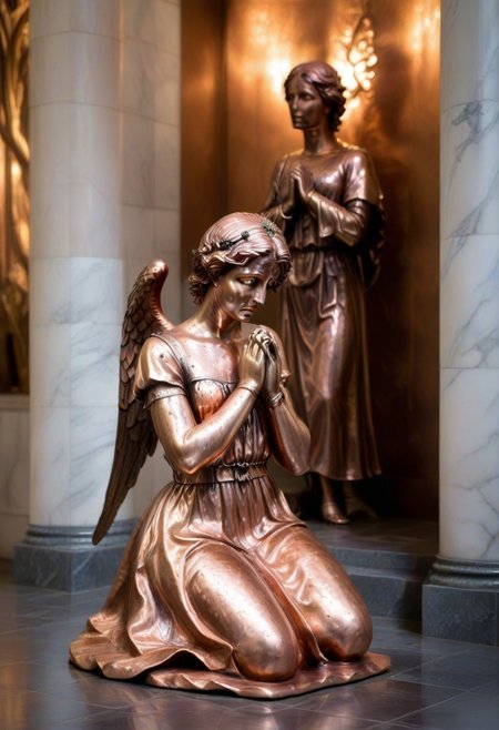 a copper statue portraying a kneeling and weeping angel, bleak, hopeless, depressing, enshrined in an alcove, marble church background
BREAK
CivChan
