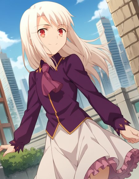 score_9, score_8_up, score_7_up, source_anime, 
illyasvielvoneinzbern, <lora:illyasviel-von-einzbern-ponyxl-lora-nochekaiser:1>, 
illyasviel von einzbern, long hair, red eyes, white hair, smile,
skirt, shirt, long sleeves, boots, ascot, white skirt, frilled skirt, purple shirt,
outdoors, cityscape,
looking at viewer, cowboy shot, dutch angle, dynamic pose,