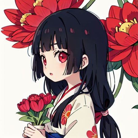 enma ai, hair down, hair black, bangs, eyes red, masterpiece, best quality, ultra-detailed, illustration, 1girl, solo, highres, photorealistic, ultra high res, (Original illustration composition), (fusion of limited color,Maximalism artstyle, kimono obi fashion, double exposure, background, illustration, Amazing, lily spider, night darkness, open one's mouth, finger, bouquet flowers red, low twintails, (polychromatic peony:1.15), Movie poster,