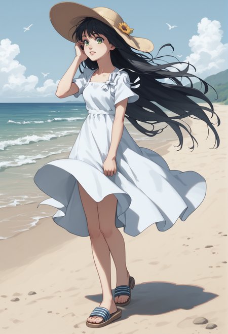 1girl, solo, black hair, long hair, green eyes, sundress, hat, hair on wind, hand on hair, :d, outdoors, beach, sandals <lora:Viki_Suikoden_II_XL-v2:1>, score_9, score_8_up, score_7_up, score_6_up, score_5_up, score_4_up, BREAK source_anime, masterpiece
