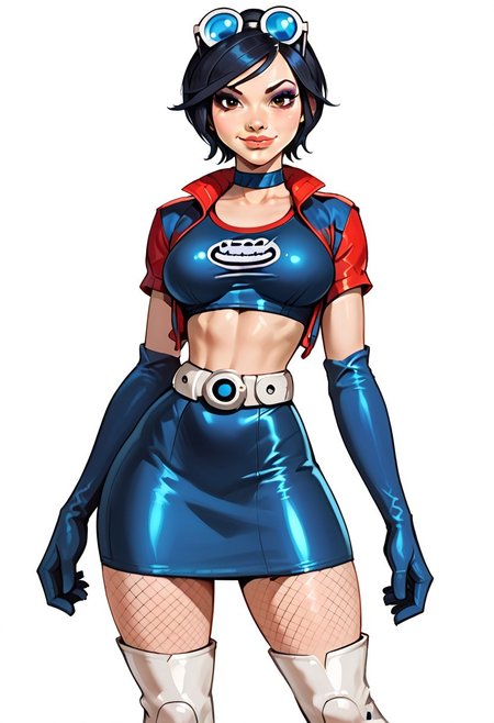 score_9, score_8_up, score_7_up, ( realistic:1.2), source_cartoon, source_western,
artificial light source, rating_lewd, 
1girl, (((solo))), solo focus,
20 years old, 
May lee jinju, brown eyes, black hair, short hair, belt, sunglasses on head, gloves, medium breasts, 
(blue cropped jacket, fishnets, blue elbow gloves, blue short skirt, pantyhose, high heels, white thigh boots, choker, belly chain), 
teasing, (beautiful face, beautiful eyes, beautiful makeup, eyeliner, eyeshadow, long eyelashes, sexy smile, soft lips, full lips, seductive), dynamic sexy pose, sexy smile, aroused, horny, looking at viewer, very sexy, very cute, shiny skin,