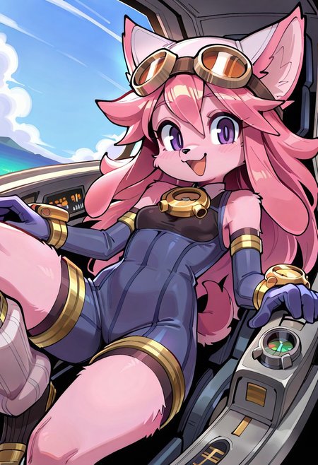 score_9, score_8_up, score_7_up, high resolution, masterpiece, best quality, wamudraws, itsunkownanon,
1girl, solo, dynamic angle, spherical cockpit, riding cockpit, open cockpit, large windshield, sky,
chocolatsr, cute, furry female, dog girl, pink fur, long hair, pink hair, dog tail, purple eyes, animal ears, animal nose, flat-chested, small breasts, shortstack, blue jumpsuit, elbow gloves, white headwear, goggles on headwear, leg warmers, boots, looking at viewer, smile, open mouth,  black chest