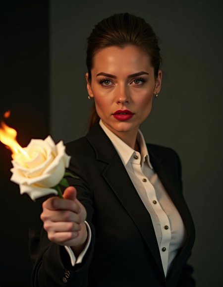 Cinematic movie poster of a Women in her 30s, wearing a high end business clothing, holding out a white rose towards the viewer,  the rose is on fire burning the rose,   she seems unamused with no expression,  red lips, light make up, sharp hair,  focus on rose,  no blur,