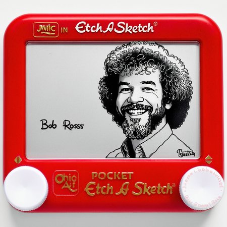 A photo of a red Etch A Sketch toy. The screen of the Etch A Sketch has a drawing Bob Ross on the Screen. Bob Ross is smiling. The toy is on a white background.  <lora:Etch_A_Sketch-000009:1>