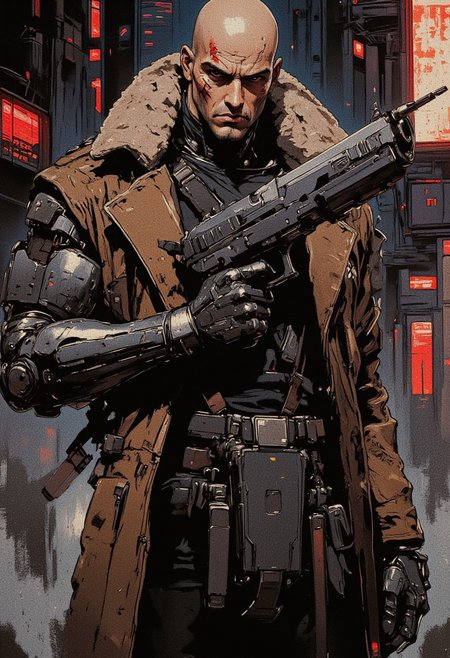 nistyle, a cyberpunk detective standing on a dark corner of futuristic distopian mega-city, his bald head shows cracks and lines from cybernetic implants, his face is handsome and masculine with a strong jaw and 5 o'clock shadow stubble, and his body is strong and powerful, he wears a long brown leather coat with wool collar and with chrome cybernetic hands emerging from the sleeves, and a black t-shirt and gun holster under the coat, he carries a large futuristic revolver in one hand,