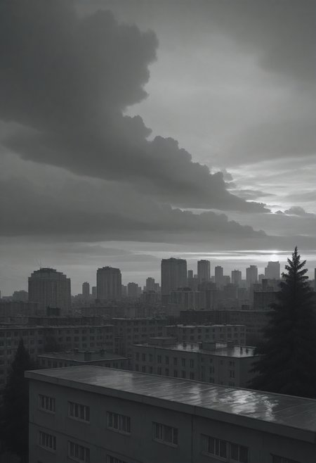 golden hour shot of cityscape shot with (masterpiece), (best quality), (ultra-detailed), looking at viewer, (muscular legs:0.9),
  <lora:dark_v1.9-pony:0.9> dark theme,<lora:NOOB_vp1_detailer_by_volnovik_v1:1.4>  <lora:ebenya:0.8> ebenya, building, outdoors, city, rainy day in a small Russian town,  overcast weather, wet trees, muted colors, melancholic atmosphere, tree,  <lora:Katya_TB_Illv3:0.8> Katya_TB, greyscale, on the roof, . Urban, skyline, architectural, dynamic. Warm light, sunset/sunrise, magical, serene