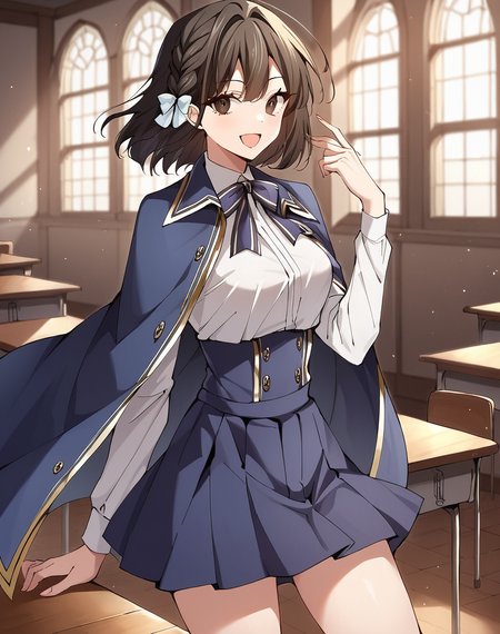 flame_blink, black eyes, black hair, short hair, manhwa,school uniform, neck ribbon, braid, hair bow, white shirt, blue cape, blue skirt BREAK  indoors, medieval, school, classroom, BREAK looking at viewer, sexy face, sexy smile, open mouth, cowboy shot, dynamic pose BREAK score_9, score_8_up, score_7_up, source_anime ,zPDXL, perfect hand,  <lora:Flame:0.8>